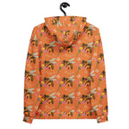 Unisex white hoodie with all-over honeybee and sunset print, Daemon Luxury Honeybee Shores Golden Hour fleece hoodie.