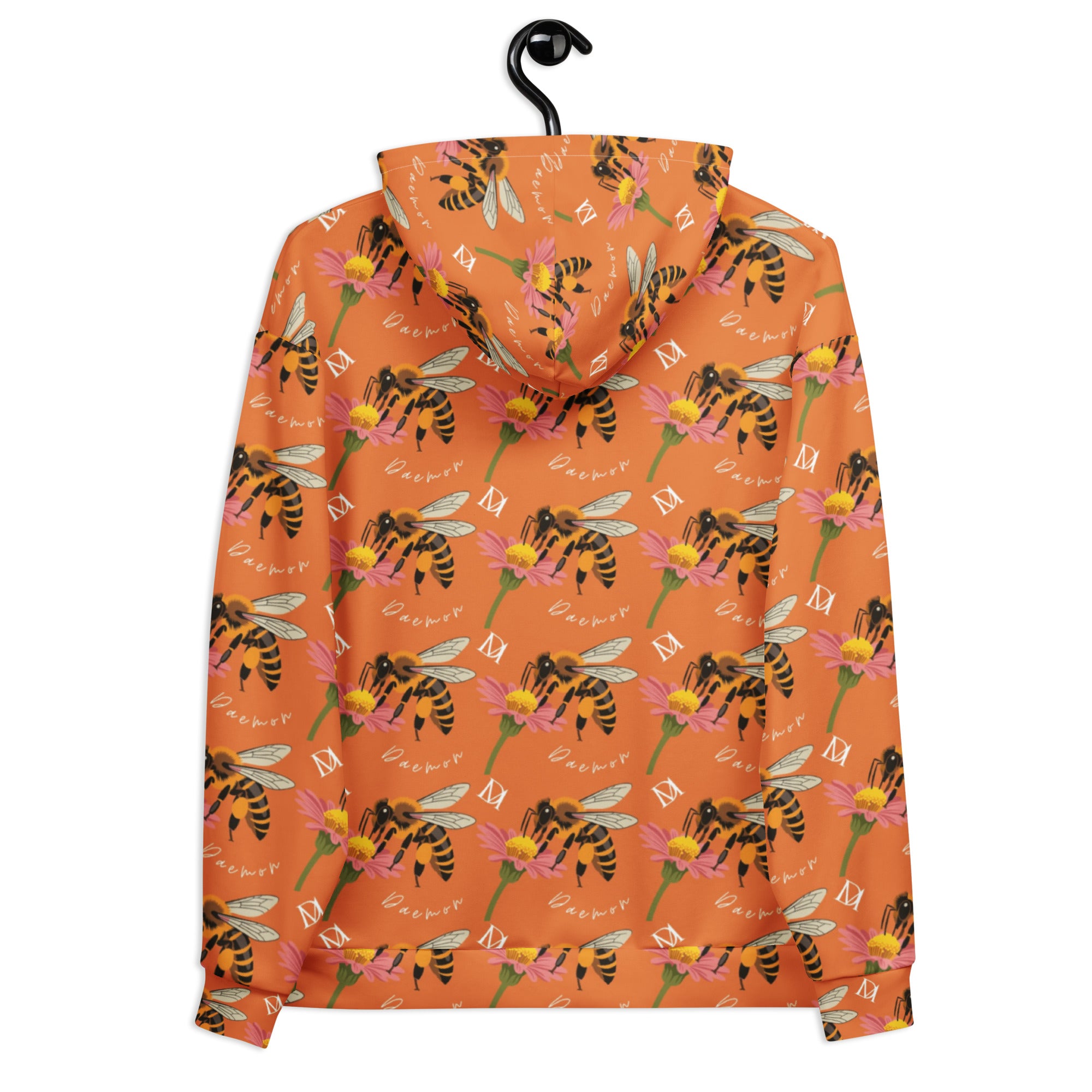 Unisex white hoodie with all-over honeybee and sunset print, Daemon Luxury Honeybee Shores Golden Hour fleece hoodie.
