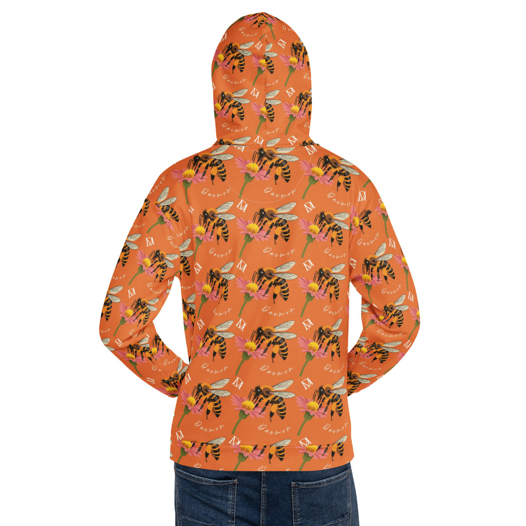 All-over print white unisex hoodie featuring Honeybee Shores (Golden Hour) design from Daemon Luxury, with front and back details.