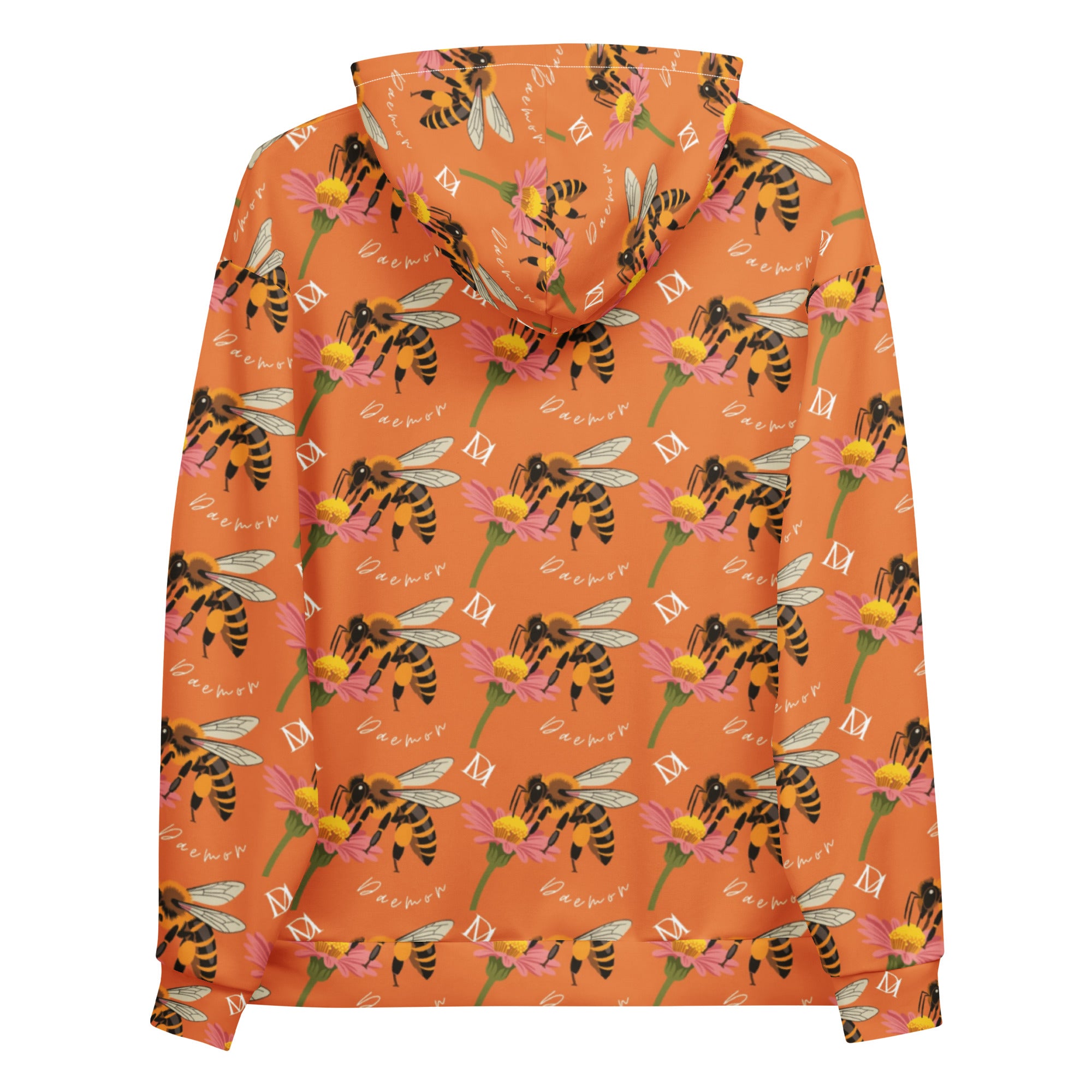 Unisex white hoodie from Daemon Luxury with all-over print of Honeybee Shores (Golden Hour) design, featuring a front pocket and hood.