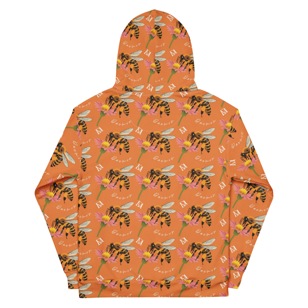 Recycled white unisex hoodie with Honeybee Shores Golden Hour all-over print by Daemon Luxury, featuring a hood and front pocket.