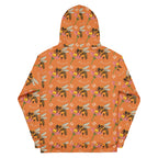 Recycled white unisex hoodie with Honeybee Shores Golden Hour all-over print by Daemon Luxury, featuring a hood and front pocket.