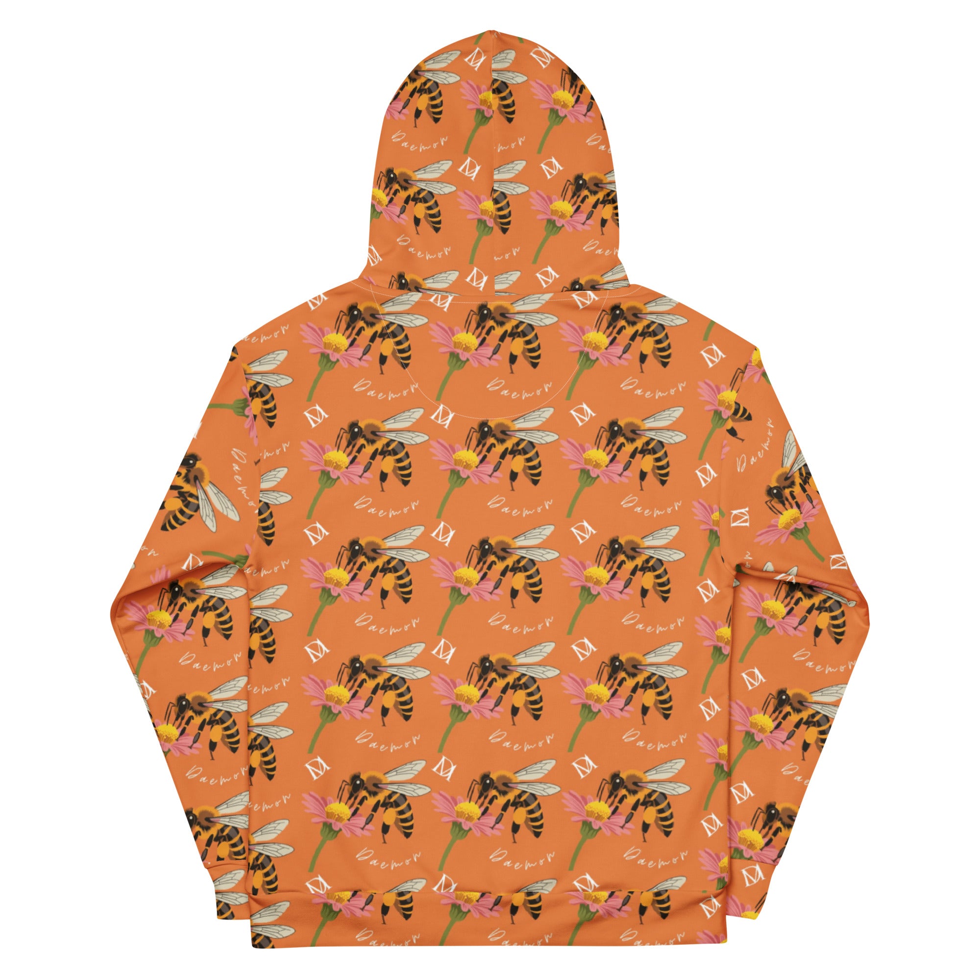 Recycled white unisex hoodie with Honeybee Shores Golden Hour all-over print by Daemon Luxury, featuring a hood and front pocket.