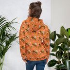 Recycled white unisex hoodie with all-over honeybee shores sunset print and Daemon Luxury branding on the back.