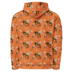 White recycled unisex hoodie with all-over Honeybee Shores Golden Hour print by Daemon Luxury, featuring a hood and casual fit.