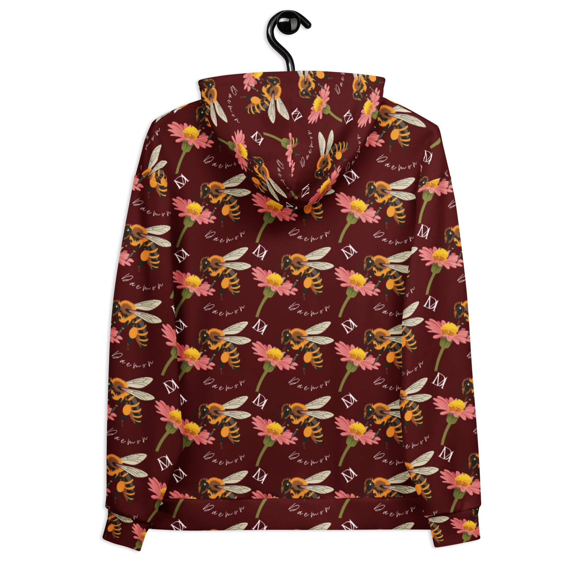 Recycled white unisex hoodie with all-over Honeybee Shores Gardena Dawn graphic print by Daemon Luxury, featuring a hood and front pocket.