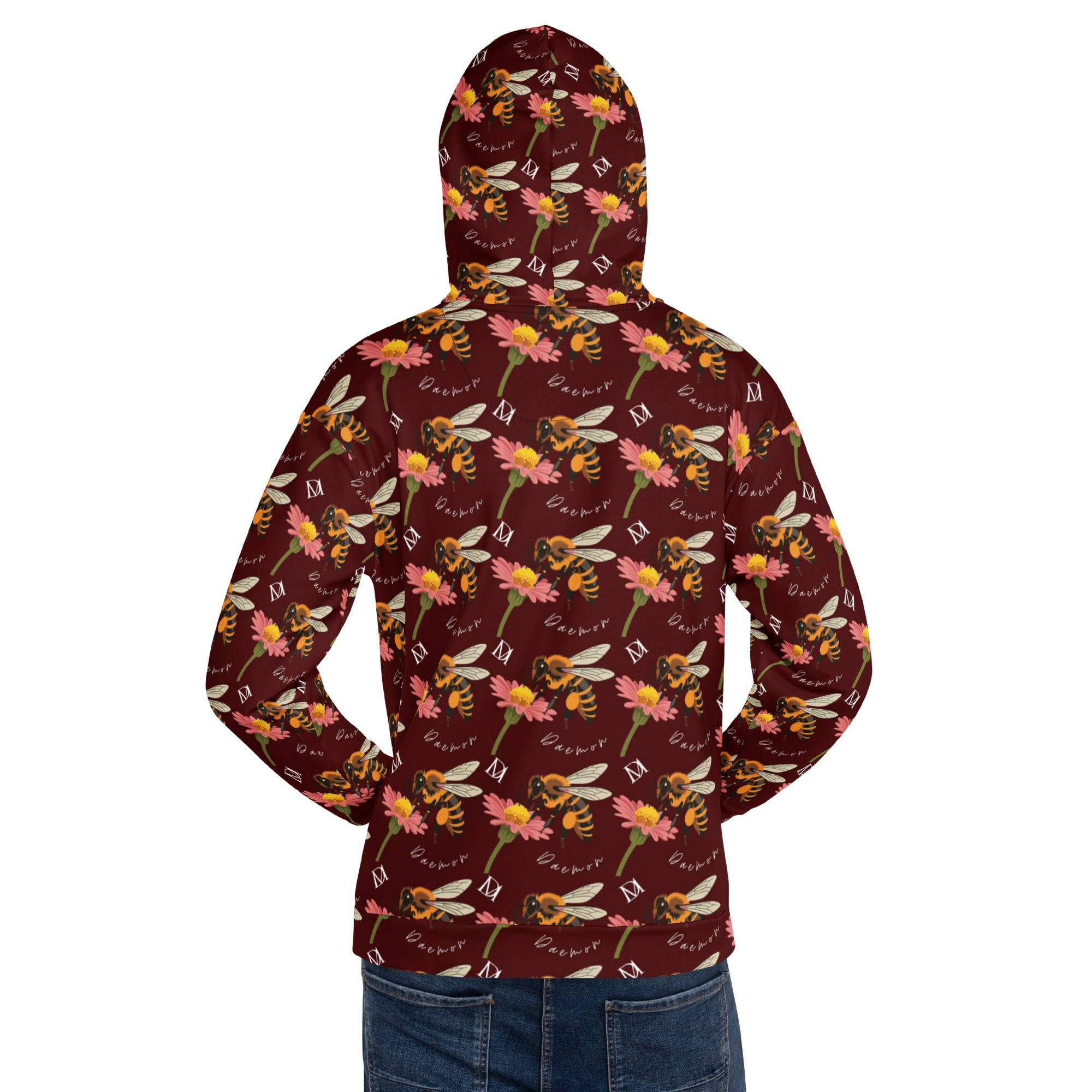 Daemon Luxury Honeybee Shores Gardena Dawn unisex hoodie with all-over floral print on white background.