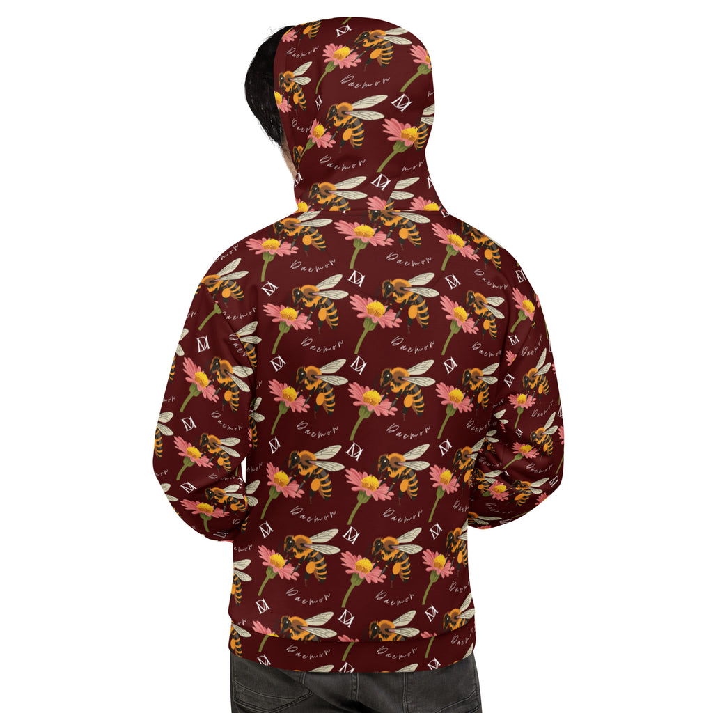 Daemon Luxury Honeybee Shores Gardena Dawn unisex hoodie with all-over white recycled print and hood, stylish and eco-friendly.