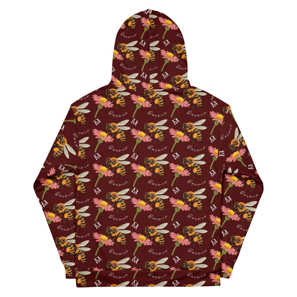 Daemon Luxury Honeybee Shores Gardena Dawn unisex hoodie with all-over white print and recycled fabric, featuring a hood and casual fit.