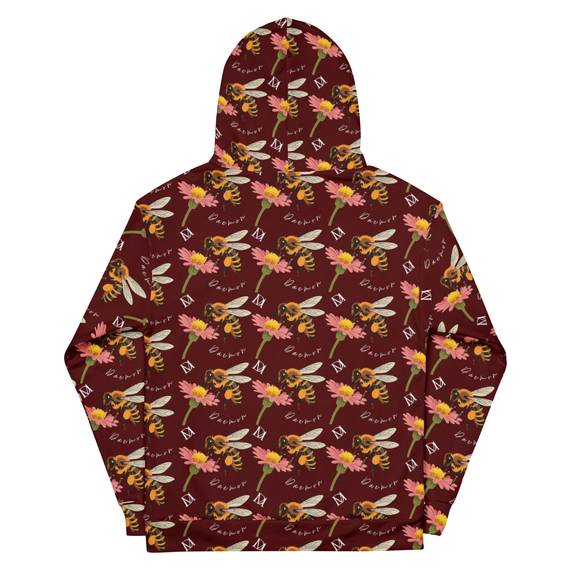 Daemon Luxury Honeybee Shores Gardena Dawn unisex hoodie with all-over white print and recycled fabric, featuring a hood and casual fit.