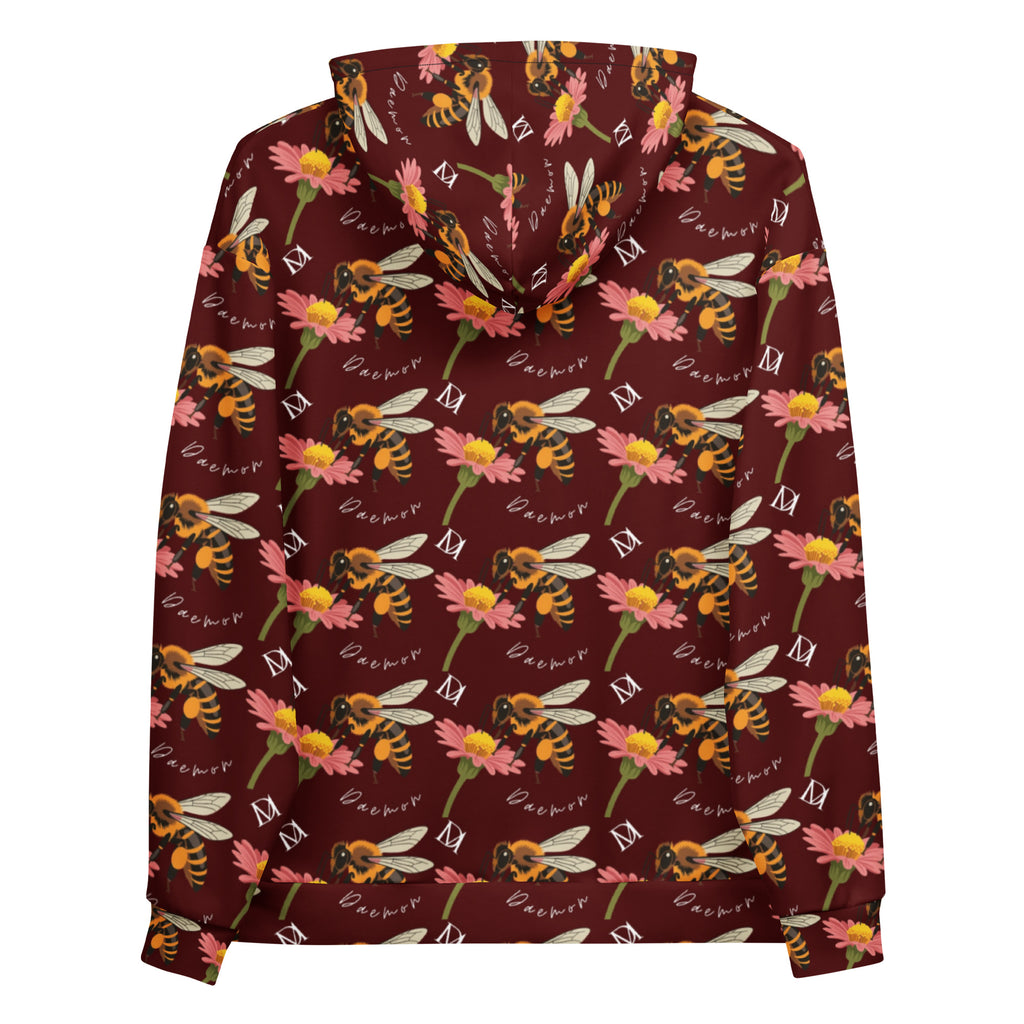 Daemon Luxury Honeybee Shores Gardena Dawn unisex hoodie with all-over white print and recycled fabric, front view.