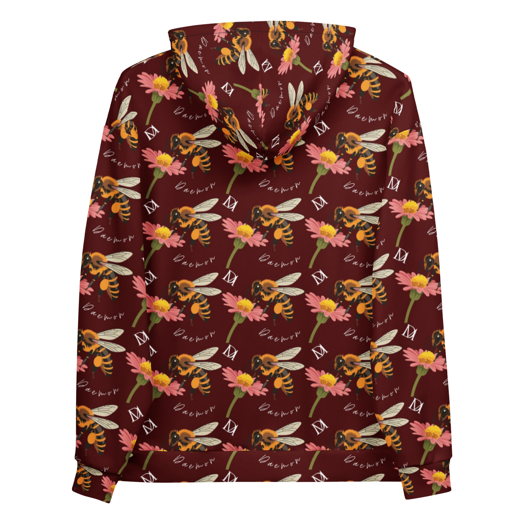 Daemon Luxury Honeybee Shores Gardena Dawn unisex hoodie with all-over white print and recycled fabric, front view.