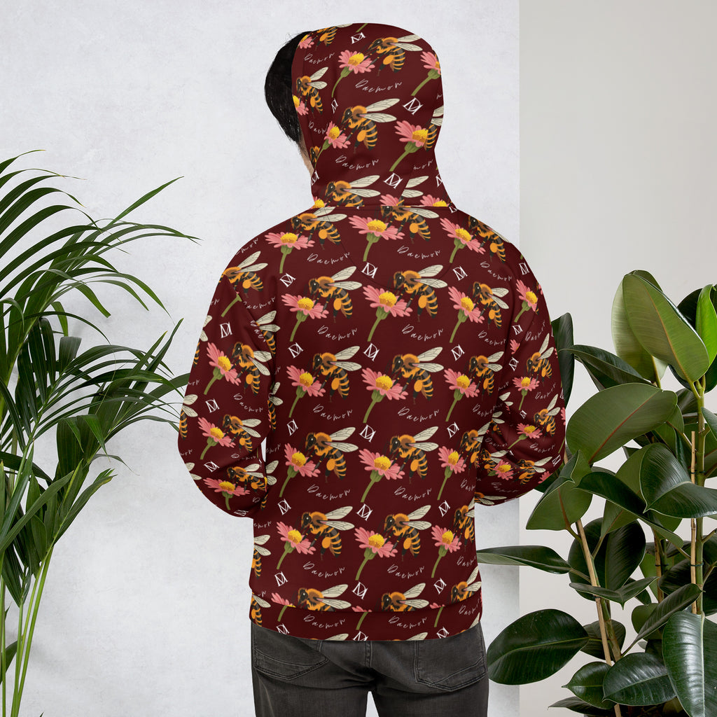 Recycled white unisex hoodie with Honeybee Shores (Gardena Dawn) all-over print by Daemon Luxury, showing back view.