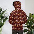 Recycled white unisex hoodie with Honeybee Shores (Gardena Dawn) all-over print by Daemon Luxury, showing back view.