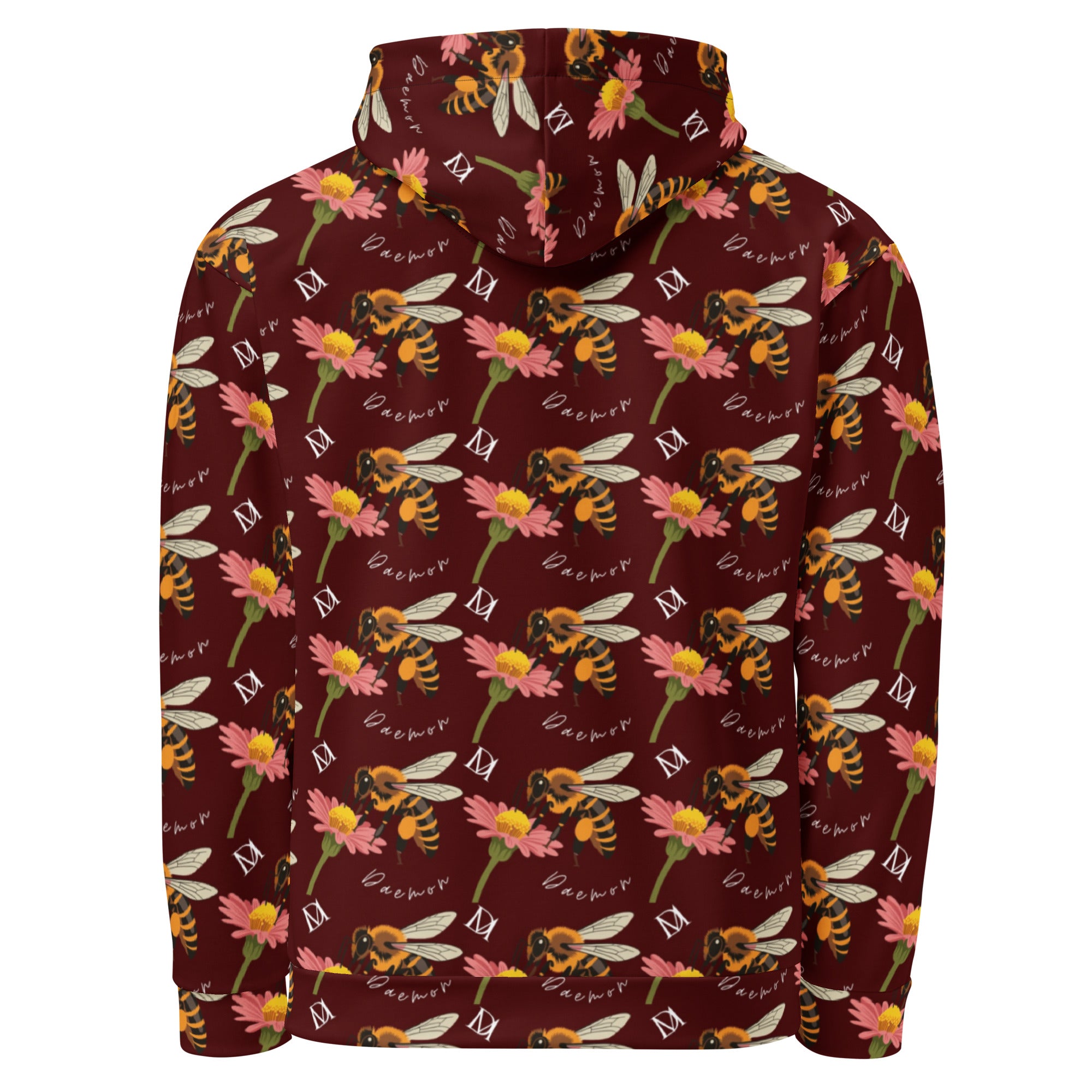 Daemon Luxury Honeybee Shores Gardena Dawn unisex white recycled hoodie with all-over print, front and back views.