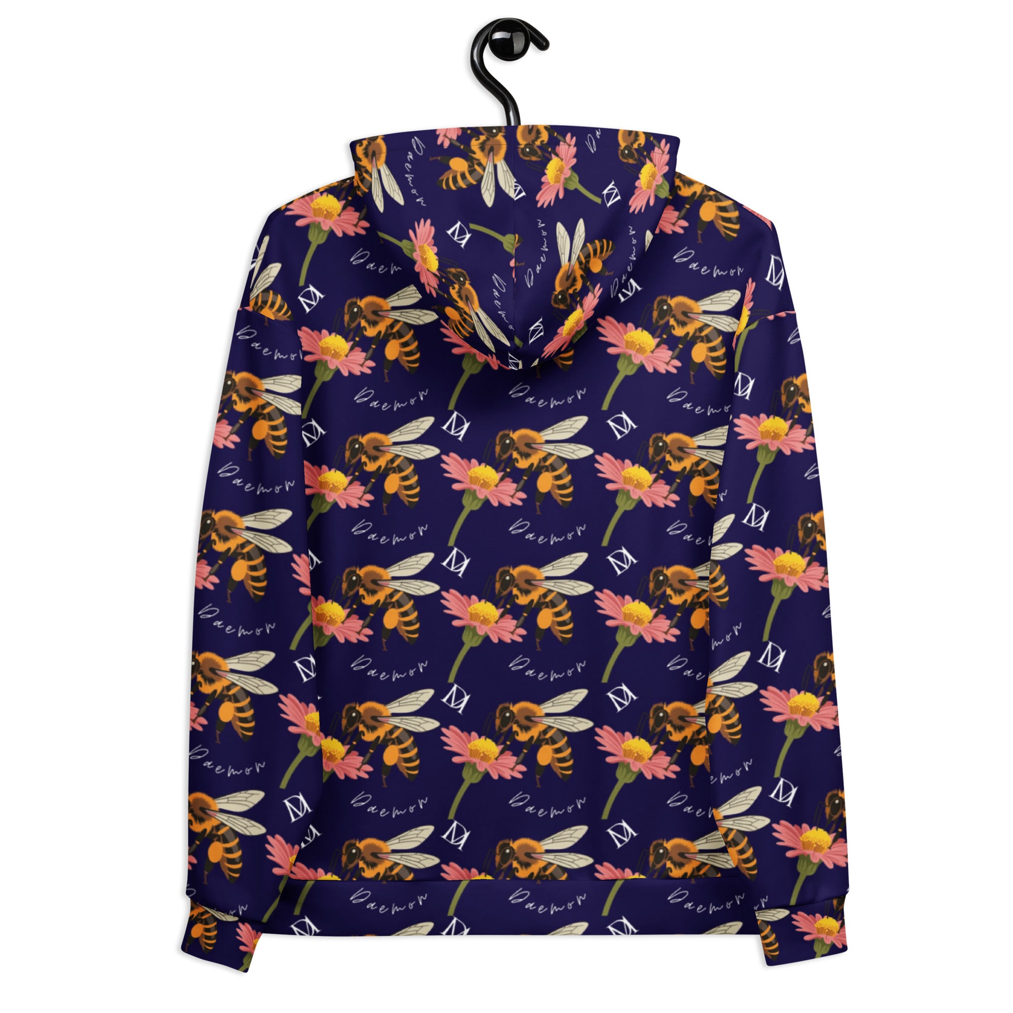 White all-over-print recycled unisex hoodie featuring Honeybee Shores (Gardena Oceanic) design by Daemon Luxury, back view.