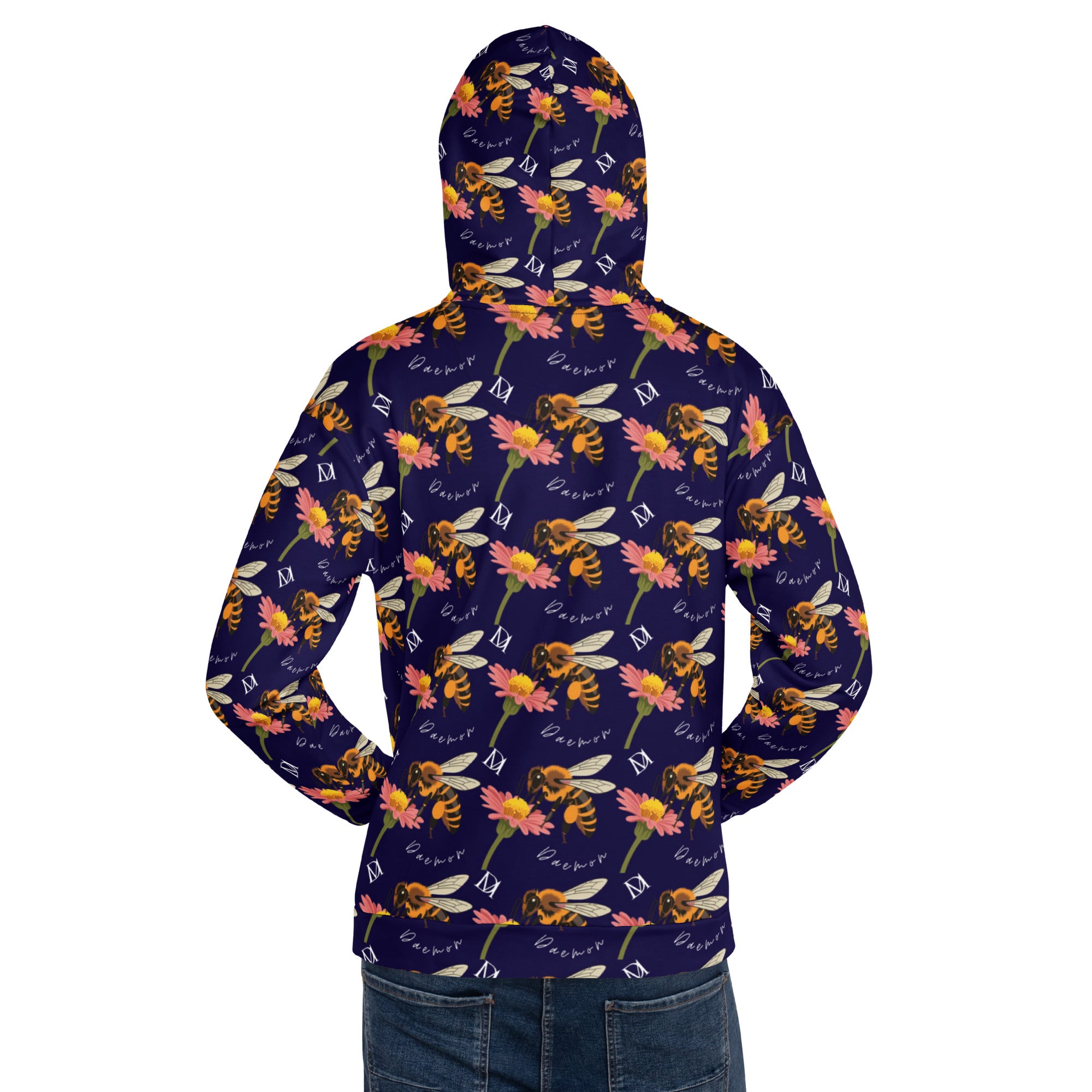 Daemon Luxury Honeybee Shores Gardena Oceanic unisex white recycled hoodie with all-over ocean-inspired print and hood