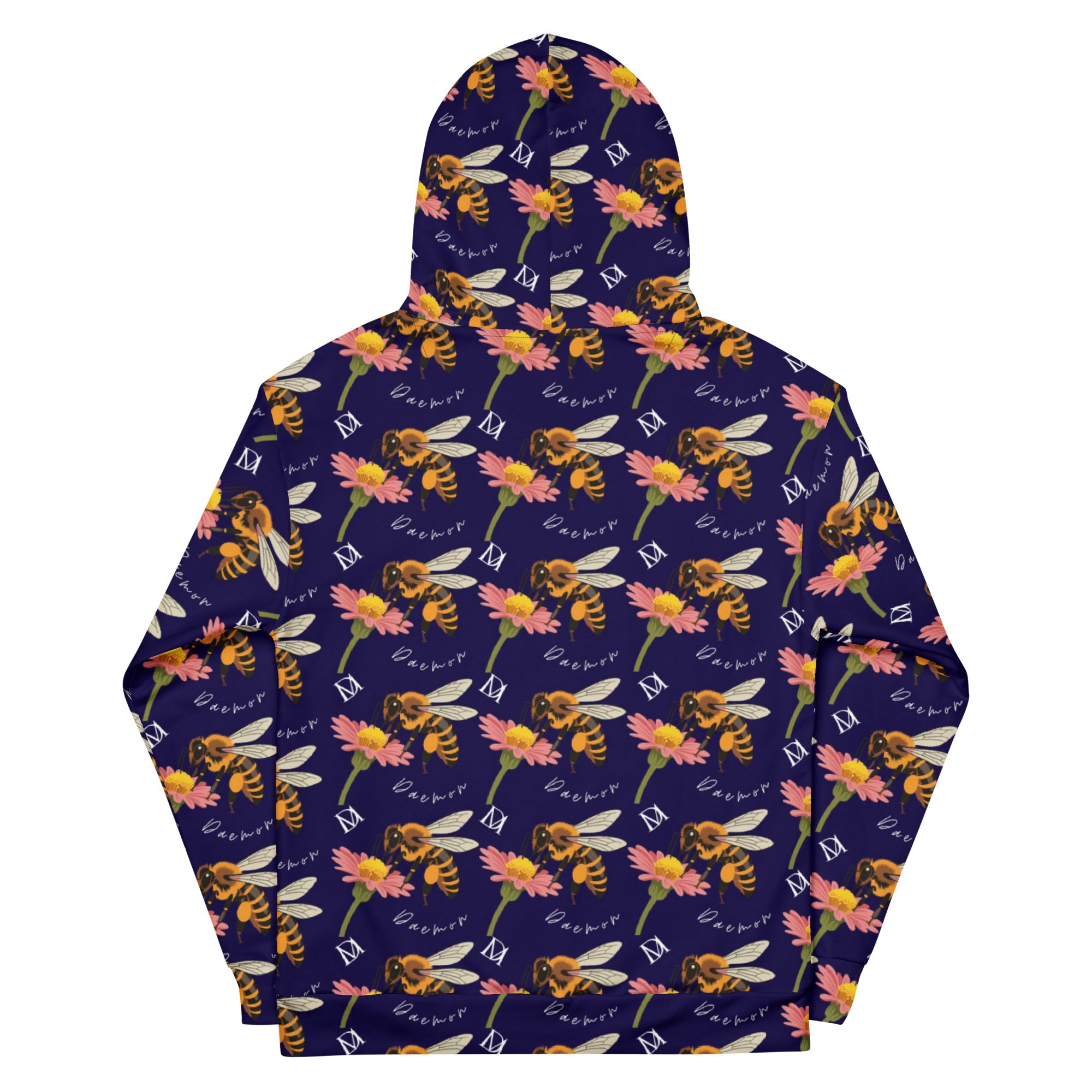 Recycled white unisex hoodie with all-over print featuring Honeybee Shores Gardena Oceanic design by Daemon Luxury.