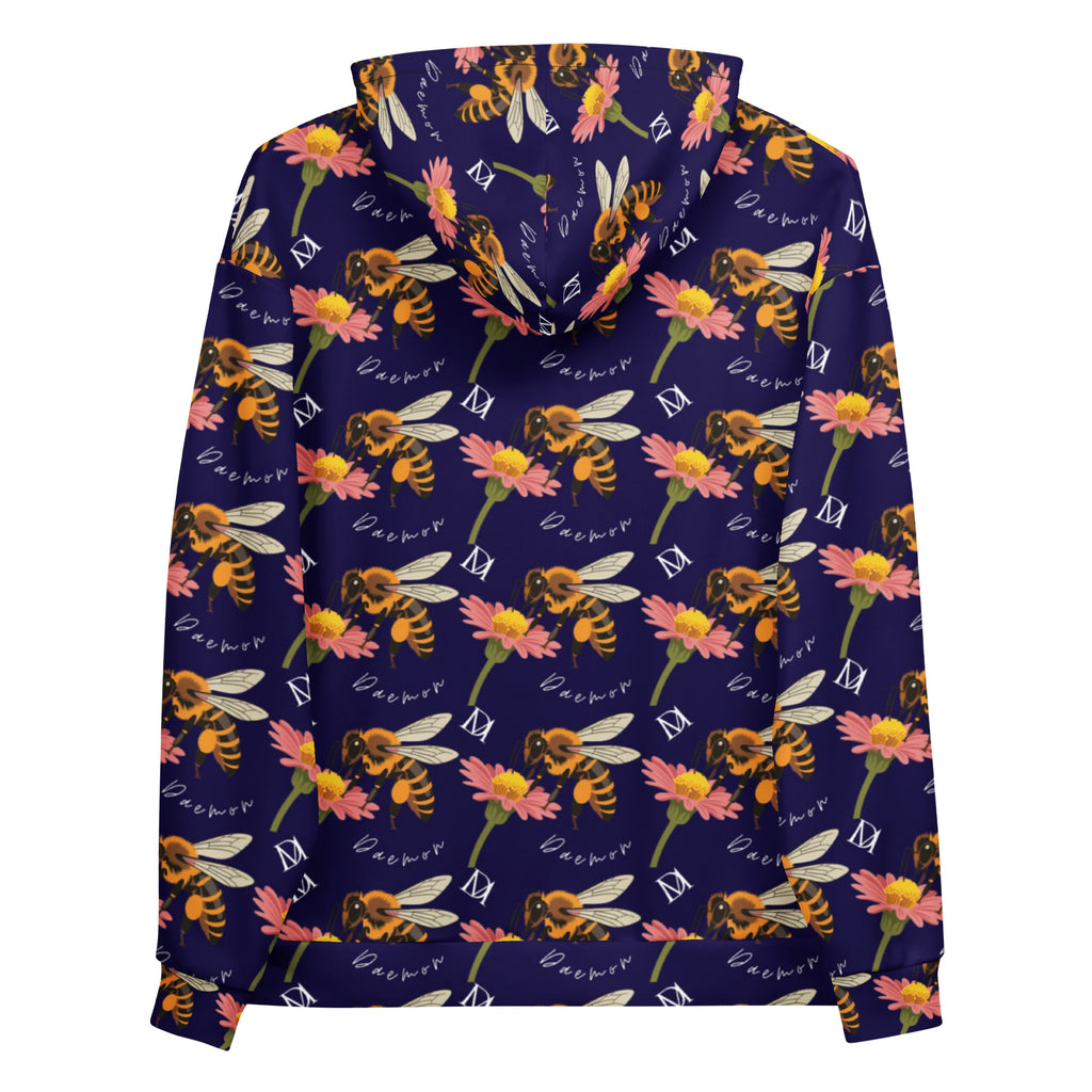 Daemon Luxury Honeybee Shores Gardena Oceanic unisex hoodie with all-over print on white recycled fabric, featuring a hooded design.