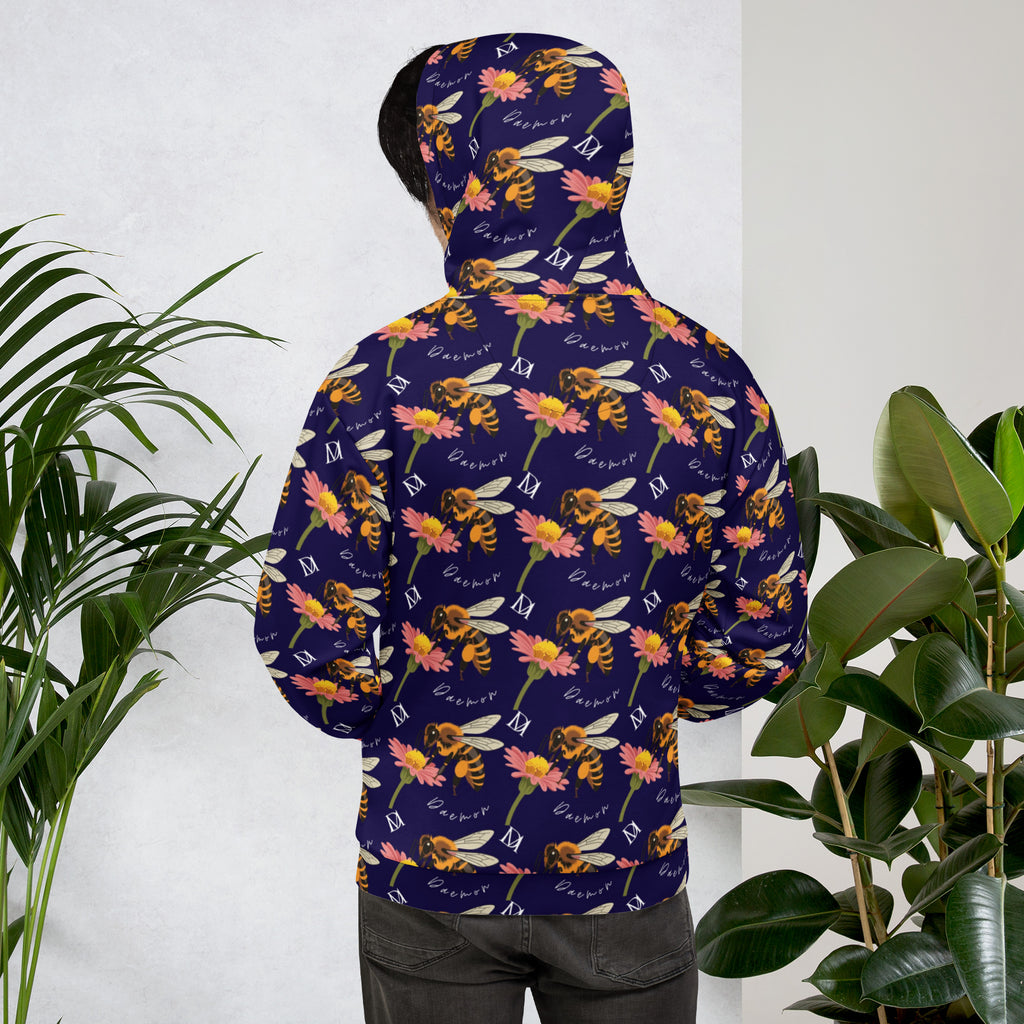 Daemon Luxury Honeybee Shores Gardena Oceanic unisex white recycled hoodie with all-over oceanic print and hood.