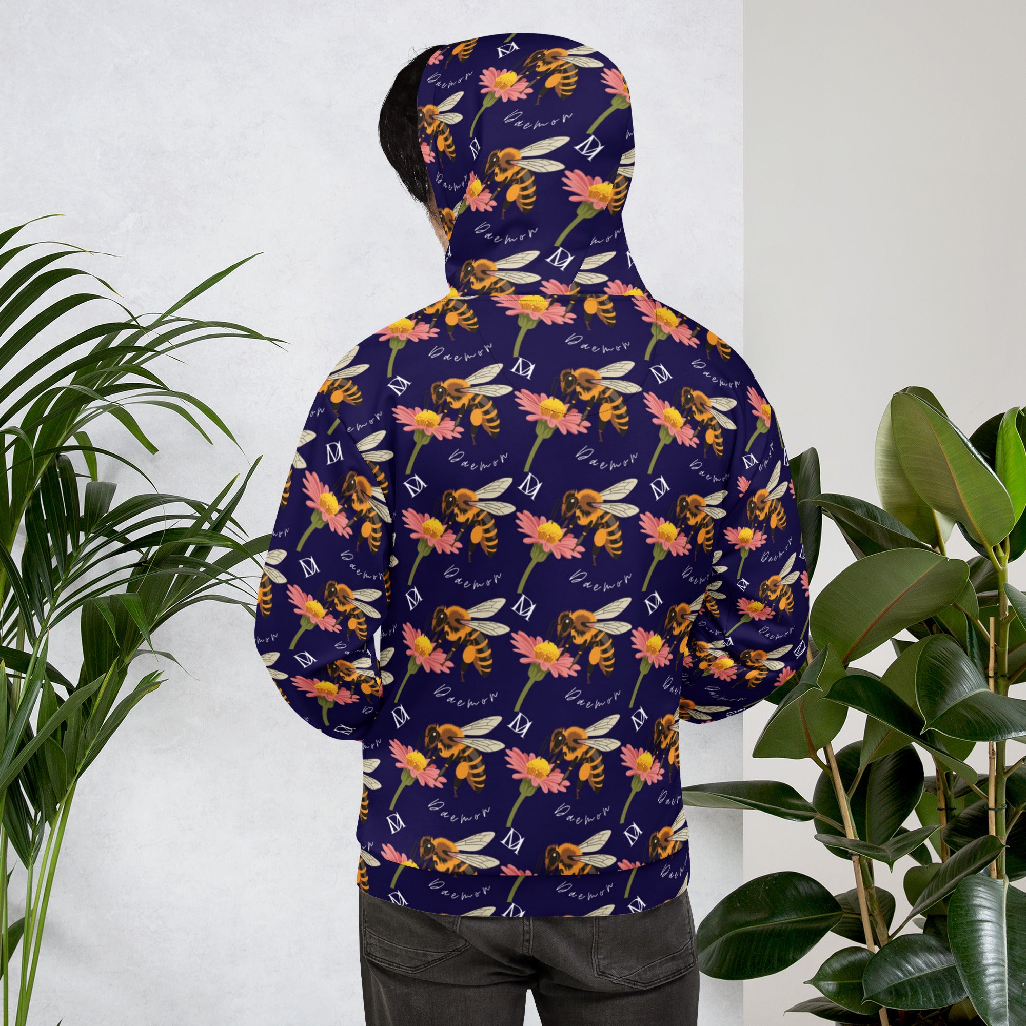 Daemon Luxury Honeybee Shores Gardena Oceanic unisex white recycled hoodie with all-over oceanic print and hood.