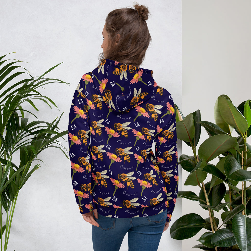 Daemon Luxury Honeybee Shores Gardena Oceanic unisex hoodie with all-over white recycled print and hood detail.