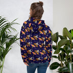 Daemon Luxury Honeybee Shores Gardena Oceanic unisex hoodie with all-over white recycled print and hood detail.