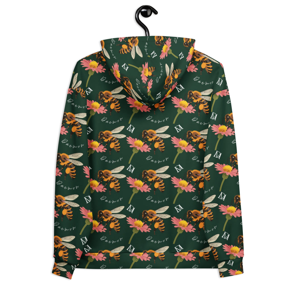 Daemon Luxury Honeybee Shores Gardena Dim unisex hoodie with all-over white recycled print and hood, front and back view