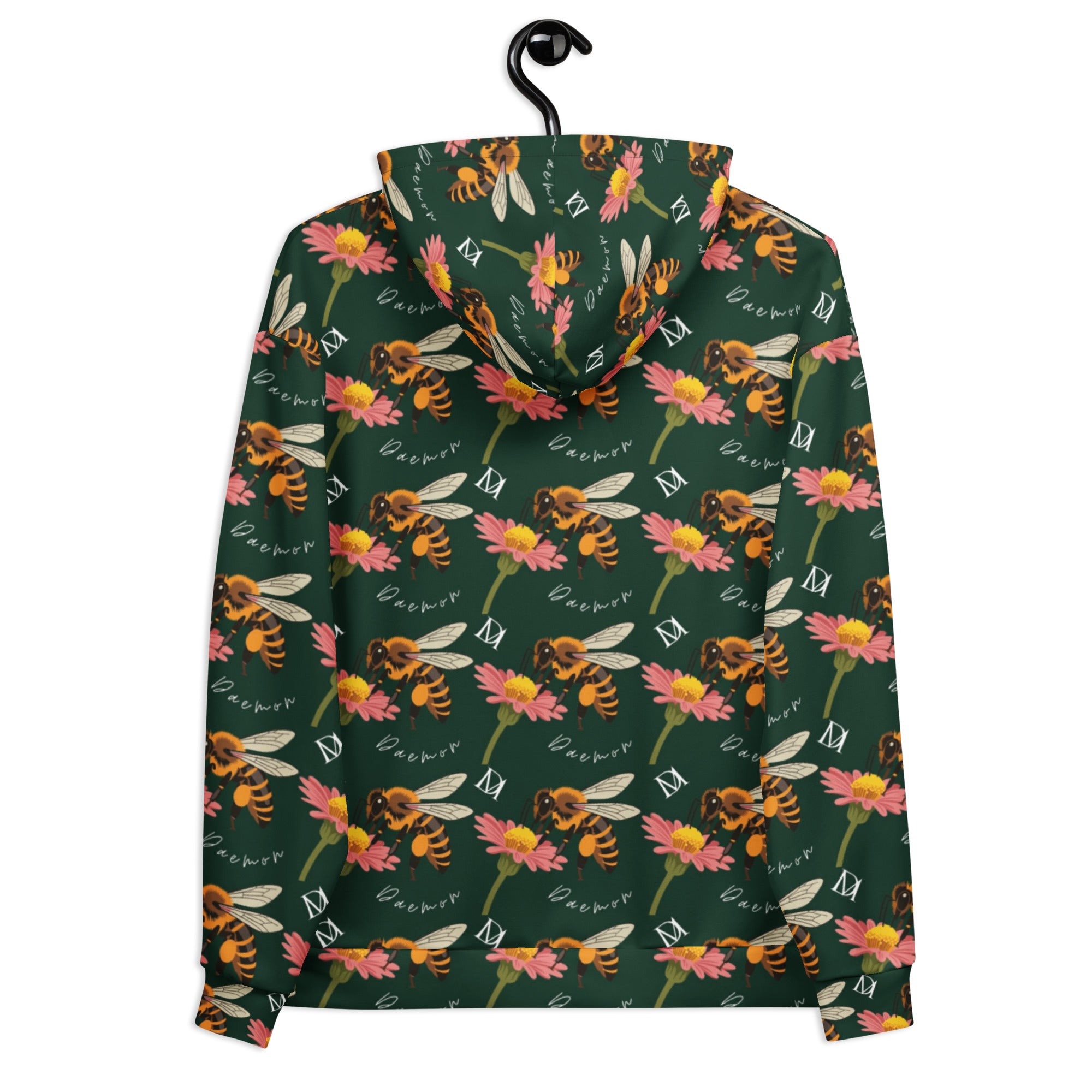 Daemon Luxury Honeybee Shores Gardena Dim unisex hoodie with all-over white recycled print and hood, front and back view
