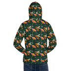 Recycled white unisex hoodie with all-over Honeybee Shores Gardena Dim print by Daemon Luxury, featuring a hood and casual fit.