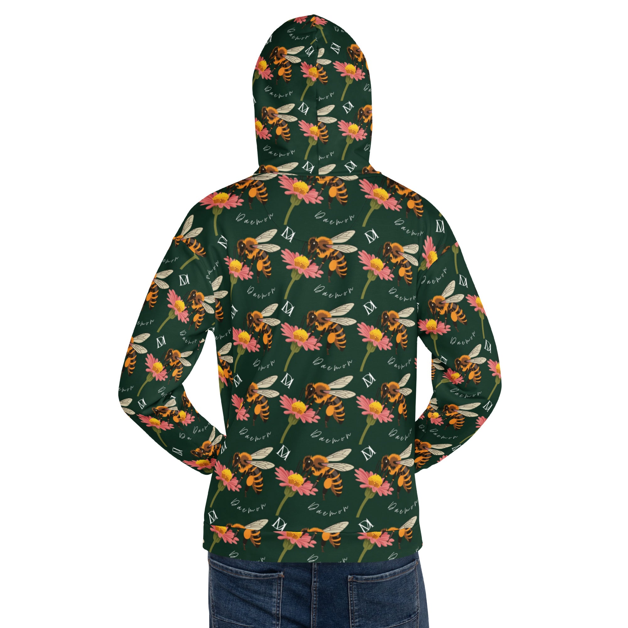 Recycled white unisex hoodie with all-over Honeybee Shores Gardena Dim print by Daemon Luxury, featuring a hood and casual fit.