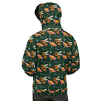 Daemon Luxury Honeybee Shores Gardena Dim unisex hoodie with all-over white recycled print and hood, casual and eco-friendly style.