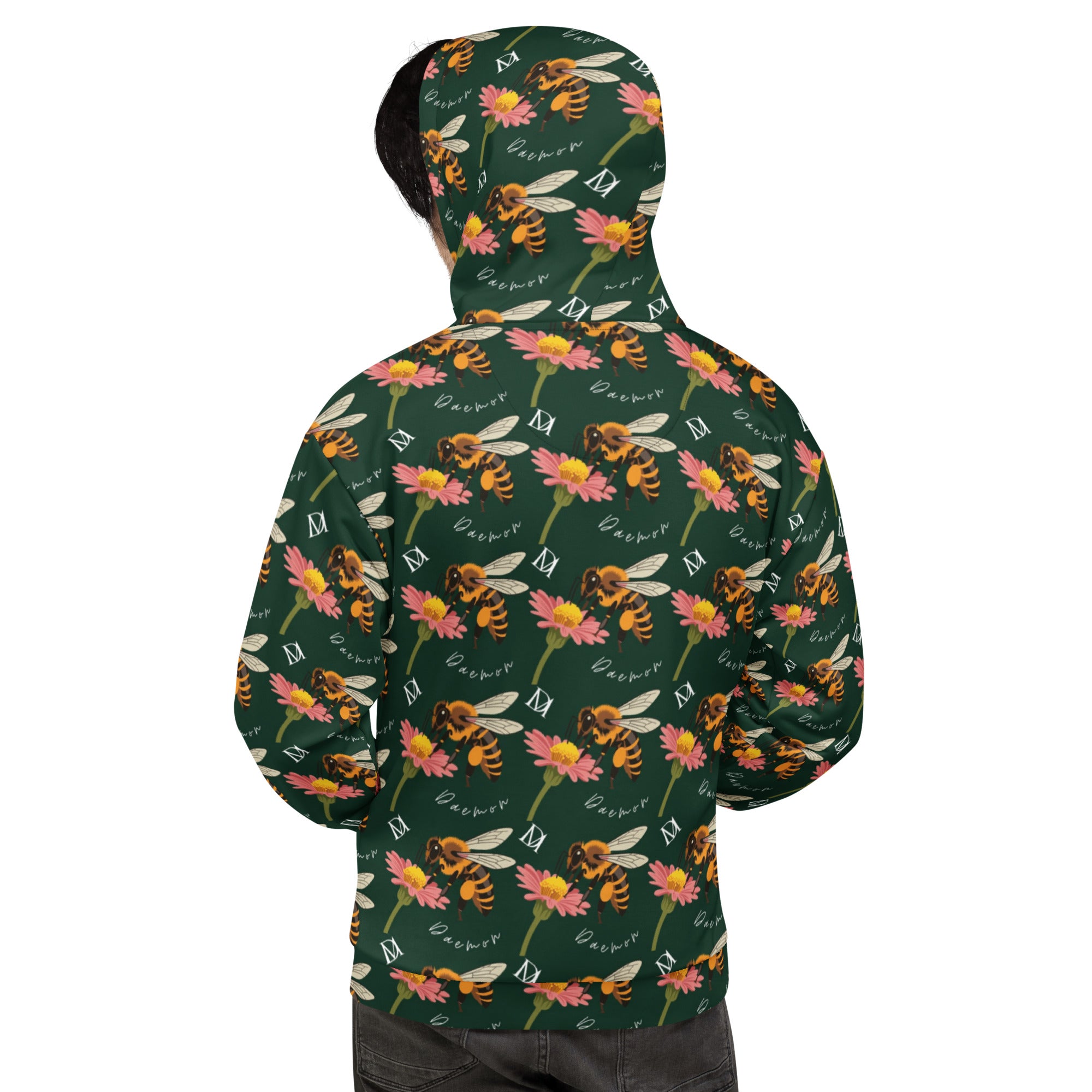 Daemon Luxury Honeybee Shores Gardena Dim unisex hoodie with all-over white recycled print and hood, casual and eco-friendly style.