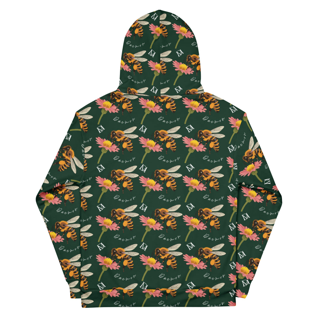 Daemon Luxury Honeybee Shores Gardena Dim unisex recycled hoodie with all-over white print and hood, casual and eco-friendly style.