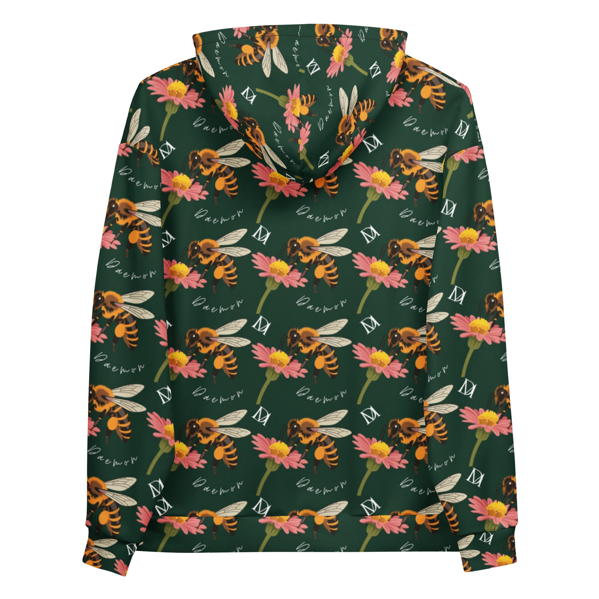 Daemon Luxury Honeybee Shores Gardena Dim unisex hoodie with all-over print on white recycled fabric, featuring a cozy hood and stylish design.