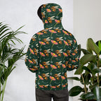 Daemon Luxury Honeybee Shores Gardena Dim unisex recycled hoodie with all-over white floral print and hood, back view.