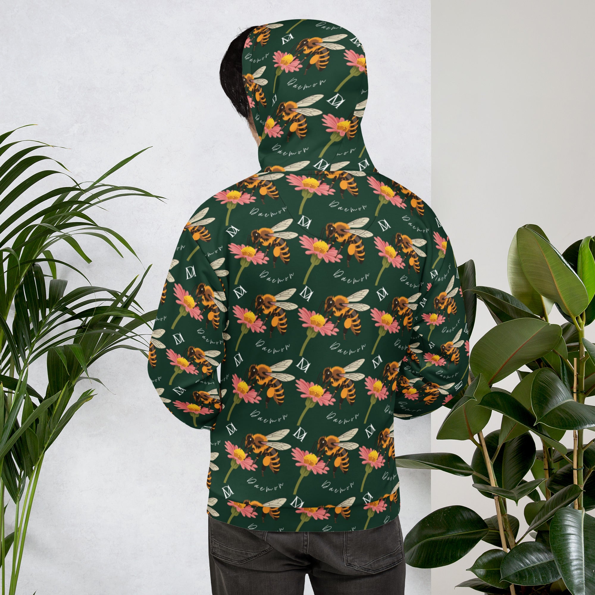 Daemon Luxury Honeybee Shores Gardena Dim unisex recycled hoodie with all-over white floral print and hood, back view.