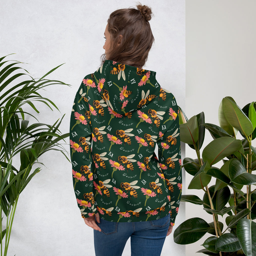 Daemon Luxury Honeybee Shores Gardena Dim unisex hoodie with all-over white print and recycled fabric, featuring a hooded design.