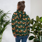 Daemon Luxury Honeybee Shores Gardena Dim unisex hoodie with all-over white print and recycled fabric, featuring a hooded design.