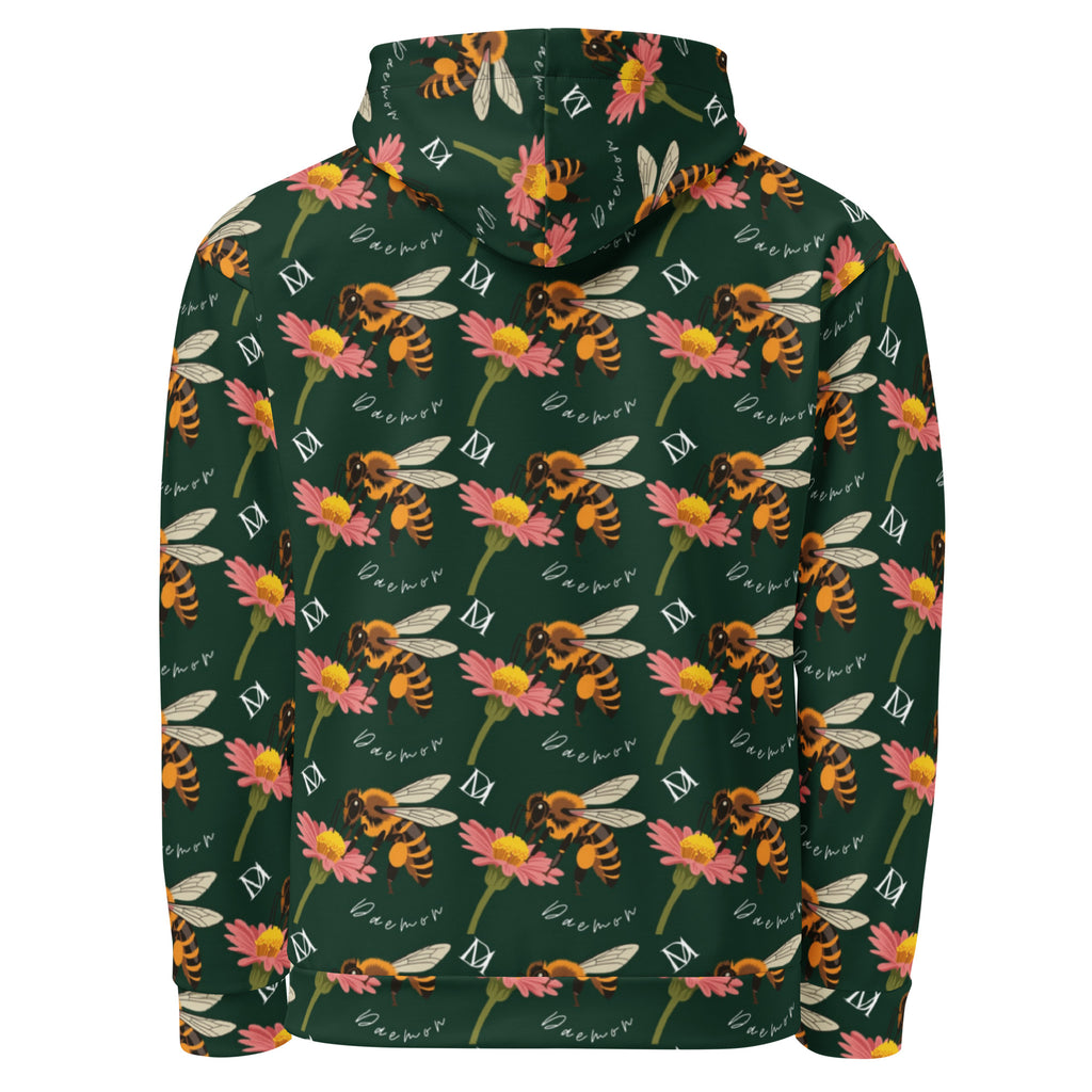 Daemon Luxury Honeybee Shores Gardena Dim unisex recycled hoodie with all-over white print, featuring a hood and casual fit.