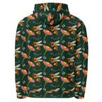 Daemon Luxury Honeybee Shores Gardena Dim unisex recycled hoodie with all-over white print, featuring a hood and casual fit.