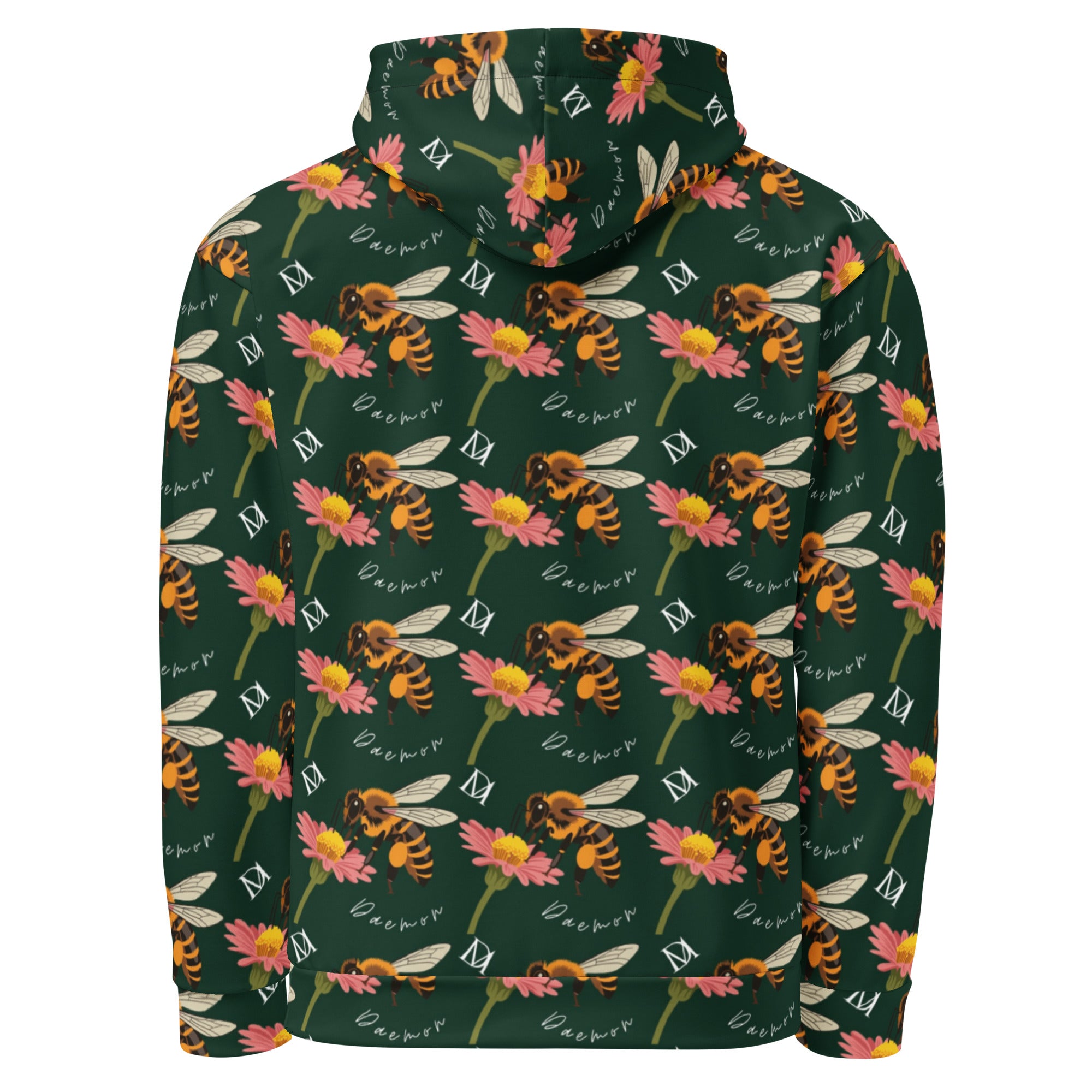 Daemon Luxury Honeybee Shores Gardena Dim unisex recycled hoodie with all-over white print, featuring a hood and casual fit.