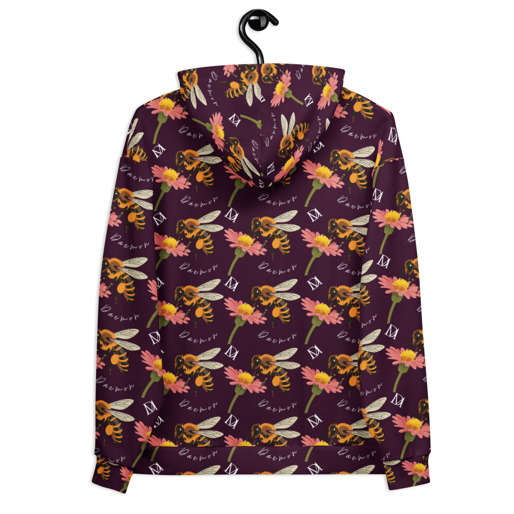 Daemon Luxury Honeybee Shores Gardena Dusk unisex hoodie with all-over white print, featuring a cozy hood and recycled fabric design.