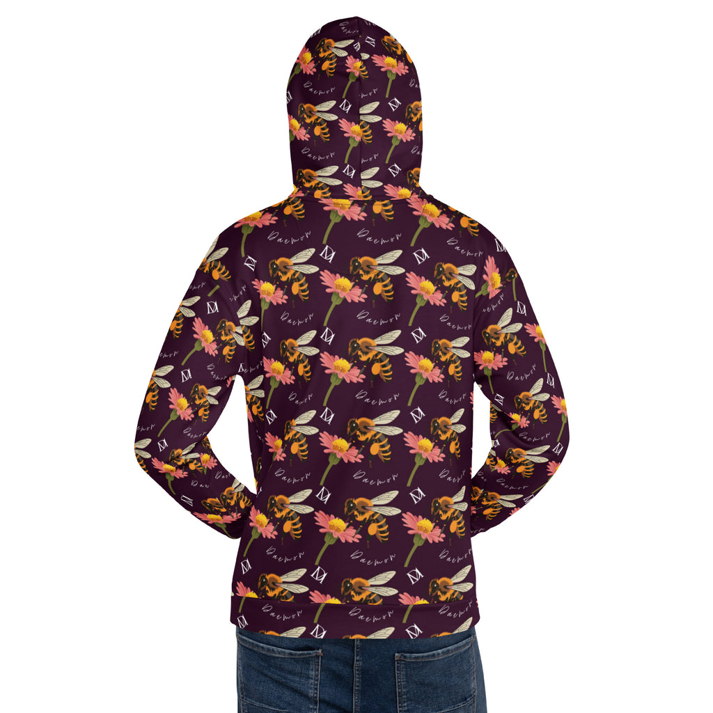 Daemon Luxury Honeybee Shores Gardena Dusk unisex hoodie with all-over print on white recycled fabric, back view.