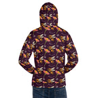 Daemon Luxury Honeybee Shores Gardena Dusk unisex hoodie with all-over print on white recycled fabric, back view.
