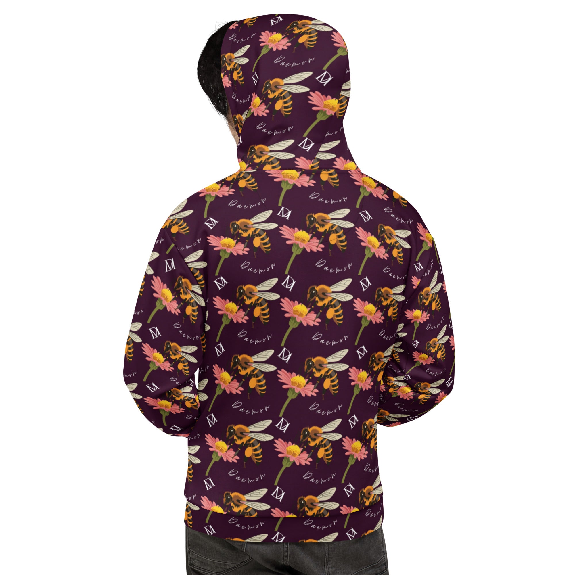 Daemon Luxury Honeybee Shores Dusk all-over-print recycled unisex hoodie with white back and hood design.