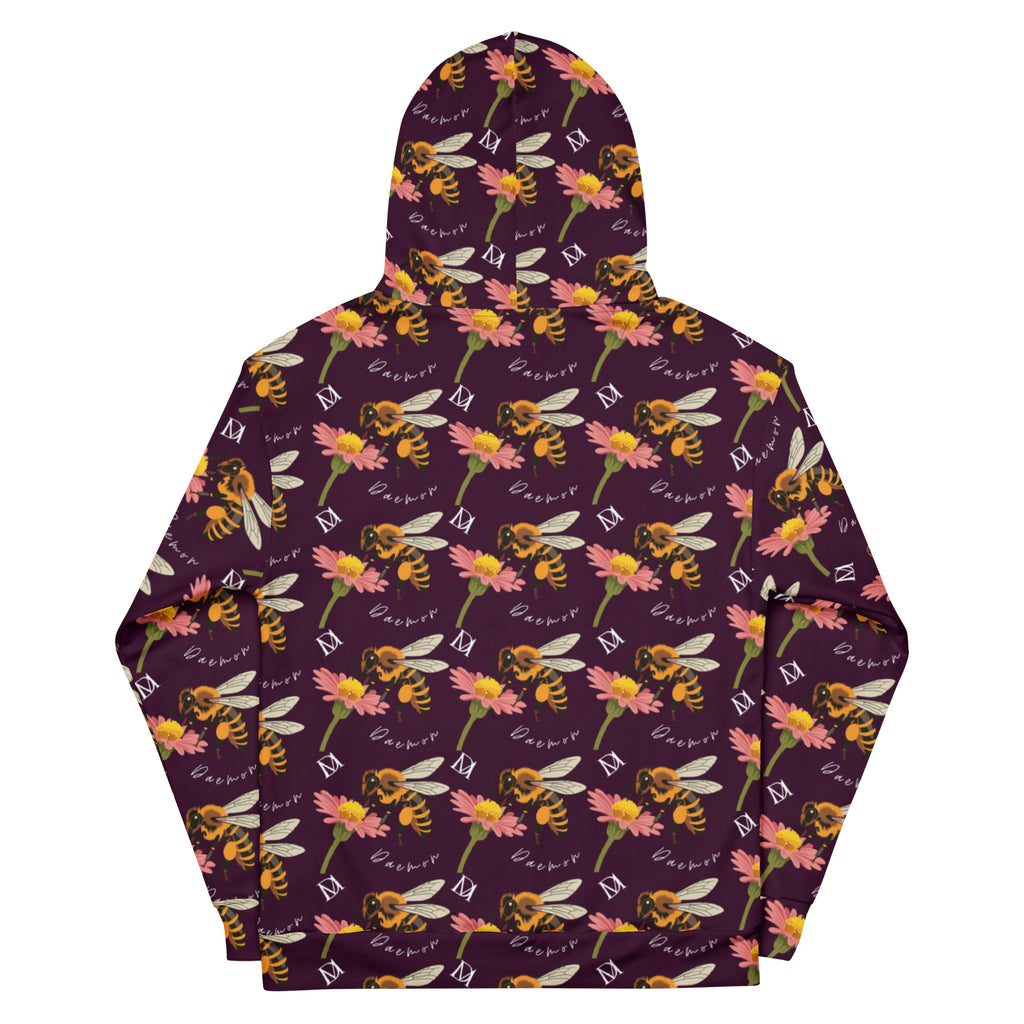 Unisex white recycled hoodie with all-over Honeybee Shores Dusk print by Daemon Luxury, shown from the back.