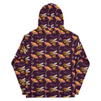 Unisex white recycled hoodie with all-over Honeybee Shores Dusk print by Daemon Luxury, shown from the back.