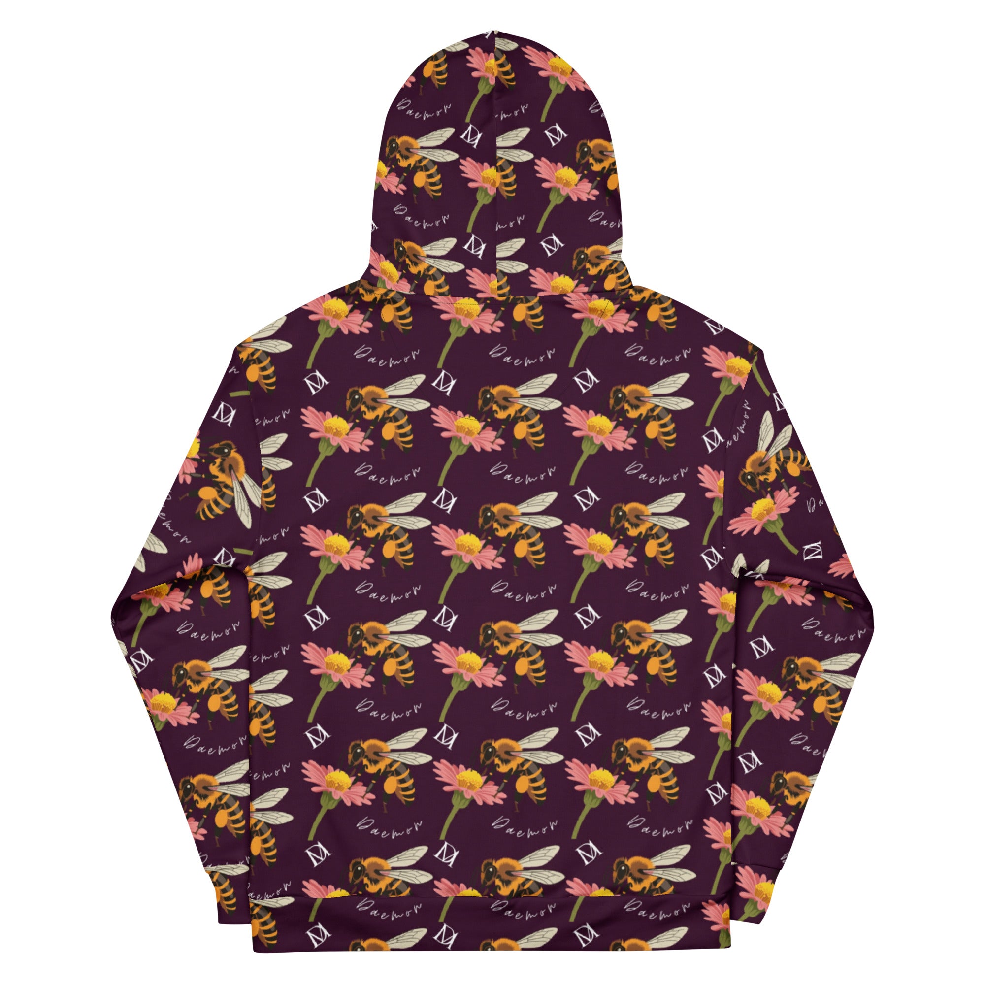 Unisex white recycled hoodie with all-over Honeybee Shores Dusk print by Daemon Luxury, shown from the back.