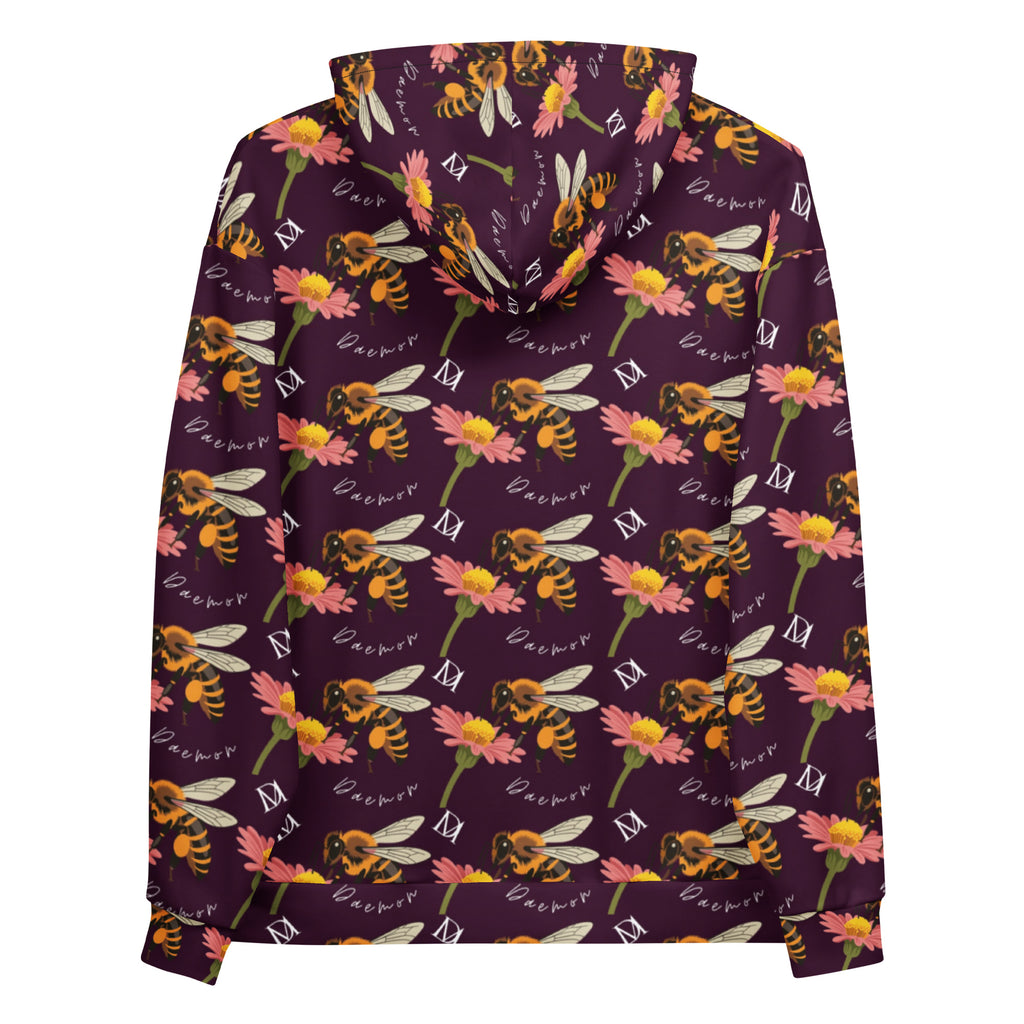 Daemon Luxury Honeybee Shores Gardena Dusk unisex hoodie with all-over white recycled print, featuring a hood and casual style.